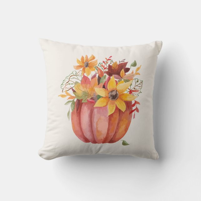 Autumn Boho Watercolor Pumpkin Fall Cushion (Front)