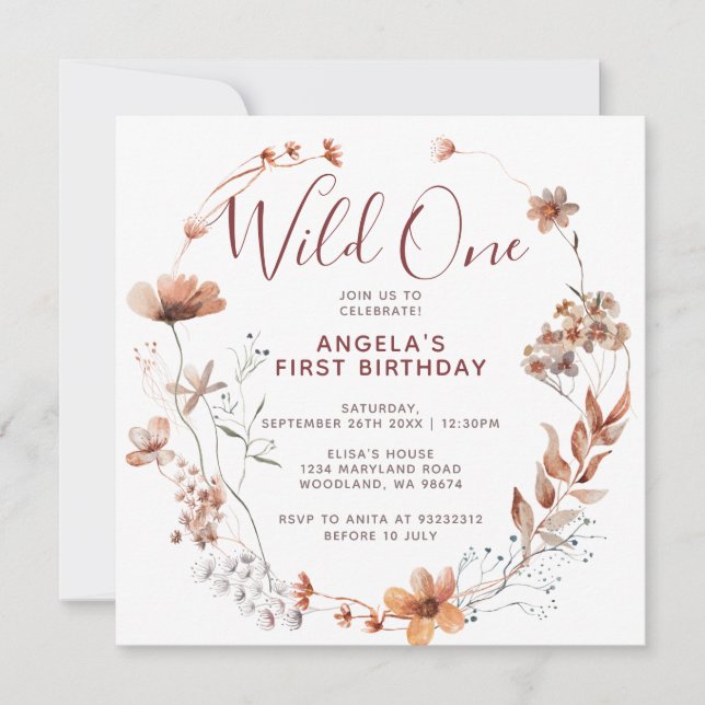 Autumn Boho Wildflowers 1st Birthday Party Invitat Invitation (Front)