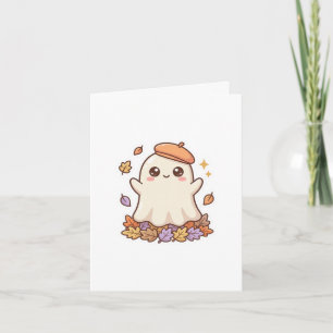 Autumn Boo Cute Kawaii Ghost with Fall Leaves Hall Card