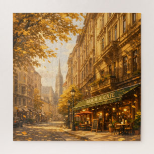 Autumn Book & Café Street Cozy European Alley Jigsaw Puzzle