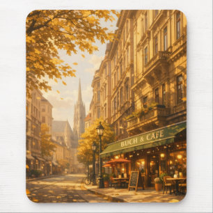 Autumn Book & Café Street Cozy European Alley Mouse Pad
