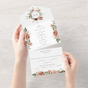 Autumn Botanical Floral Terracotta Orange Wedding All In One Invitation
