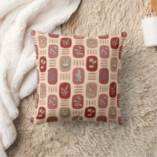 Autumn Botanical Illustrations in Red and Beige Cushion