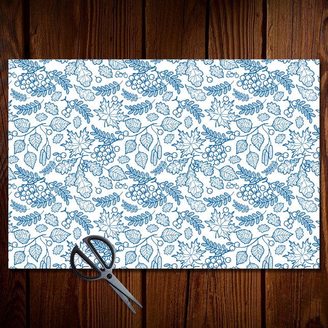 Autumn Botanical Leaves Blue White Decoupage Tissue Paper (Creator Uploaded)