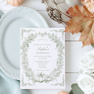 Autumn Botanical Oak & Pumpkin 1st Birthday Invitation