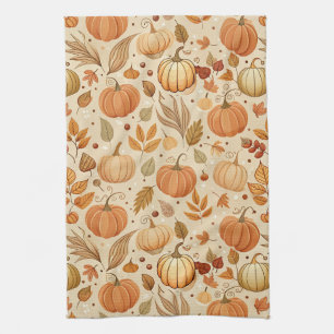 Autumn Botanical Pumpkin Vine Pattern Tea Towel
