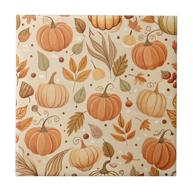Autumn Botanical Pumpkin Vine Pattern Tile (Front)