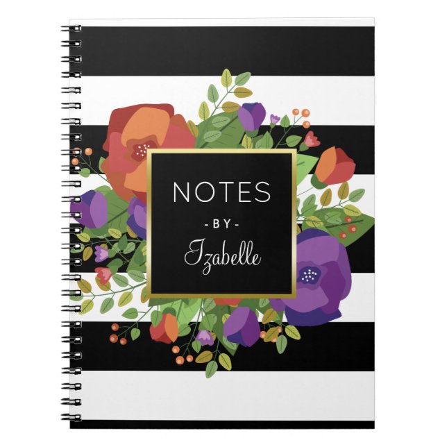 Autumn Bouquet & Chic Stripes Custom Name Spiral Notebook (Front)