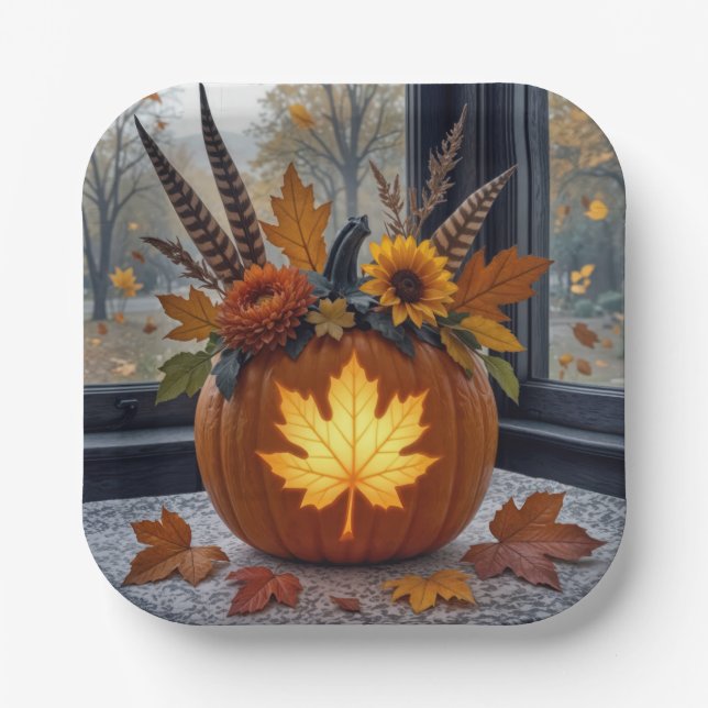 Autumn Bouquet In an Orange Pumpkin Paper Plate (Front)