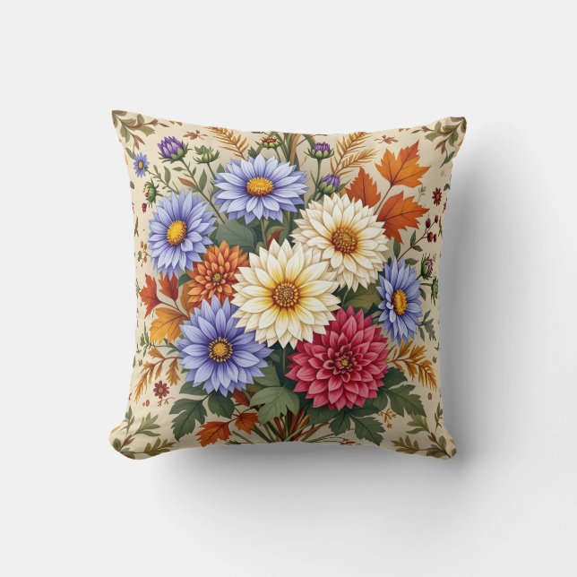 Autumn Bouquet of Asters and Dahlias Cushion (Front)