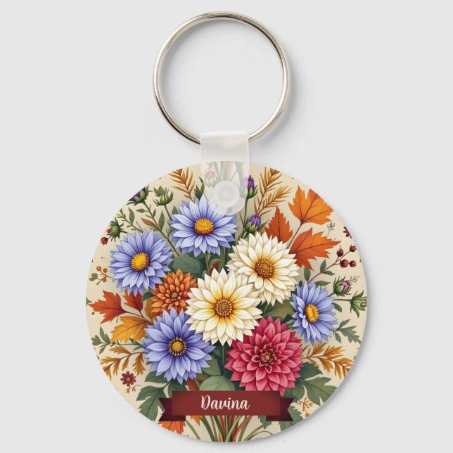 Autumn Bouquet of Asters and Dahlias Key Ring (Front)