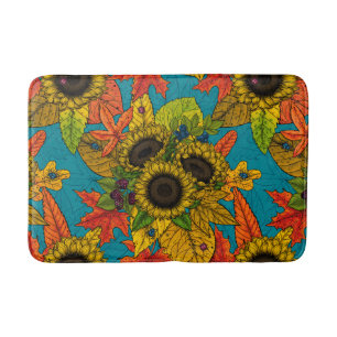 Autumn bouquet on blue bath mat