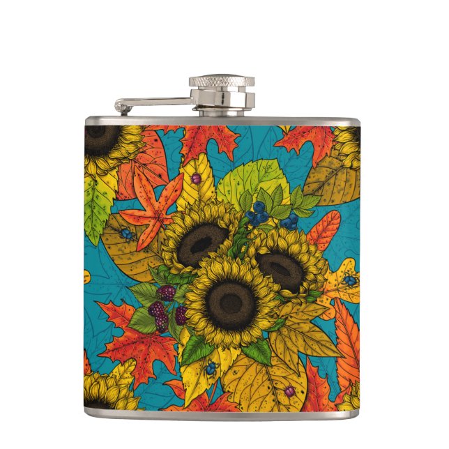 Autumn bouquet on blue hip flask (Front)