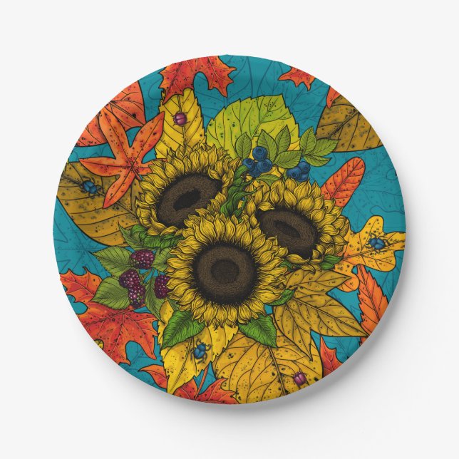 Autumn bouquet on blue paper plate (Front)