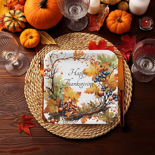 Autumn branch with leaves and berries custom paper plate