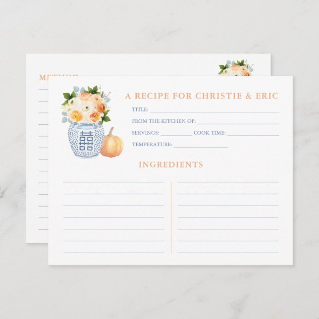 Autumn Bridal Shower Florals Pumpkin Recipe Card (Front/Back)