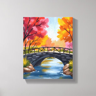 Autumn Bridge Fall Foliage Watercolor Nature Canvas Print
