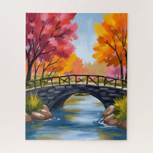 Autumn Bridge Fall Foliage Watercolor Nature Jigsaw Puzzle