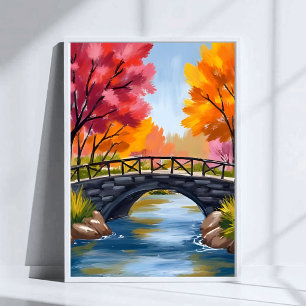 Autumn Bridge Fall Foliage Watercolor Nature Poster