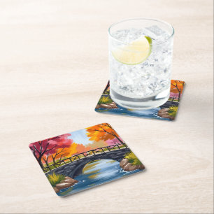 Autumn Bridge Fall Foliage Watercolor Nature Square Paper Coaster