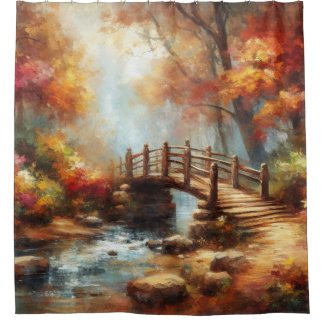 “Autumn Bridge Over Serene Stream” Shower Curtain