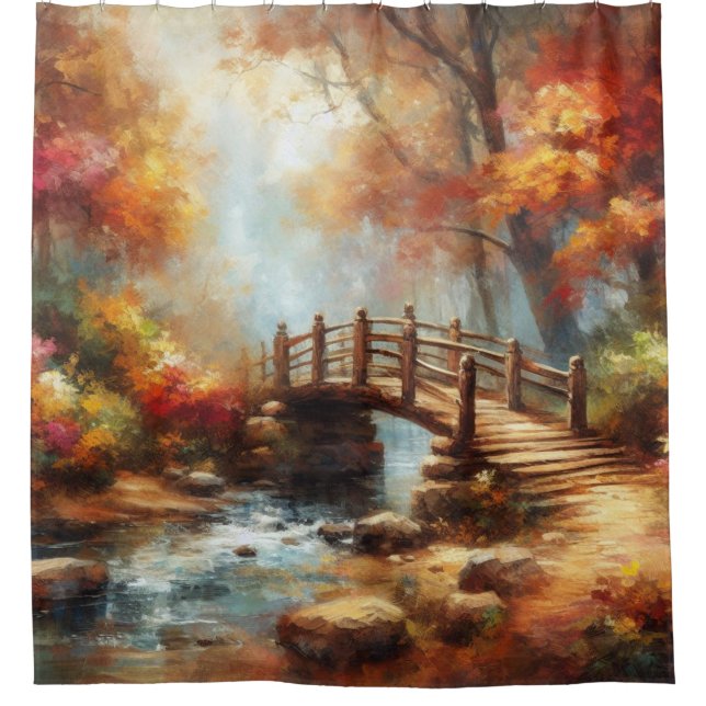 “Autumn Bridge Over Serene Stream” Shower Curtain (Front)