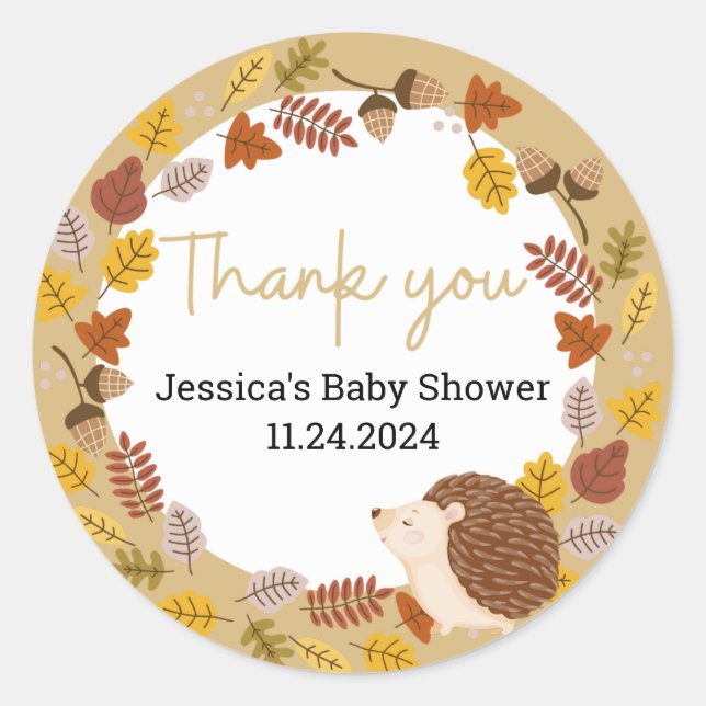Autumn Brown Hedgehog Baby Shower Thank you 	 Classic Round Sticker (Front)
