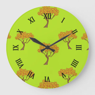 Autumn brown leaves trees on green large clock