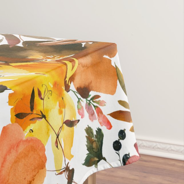 Autumn Brown Peach Yellow Floral Watercolor Tablecloth (In Situ)