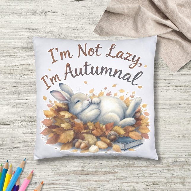 Autumn Bunny in Leaves with Funny Lazy Quote Cushion (Creator Uploaded)