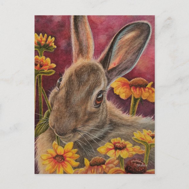 Autumn Bunny Rabbit Yellow Flowers Watercolor Art Postcard (Front)