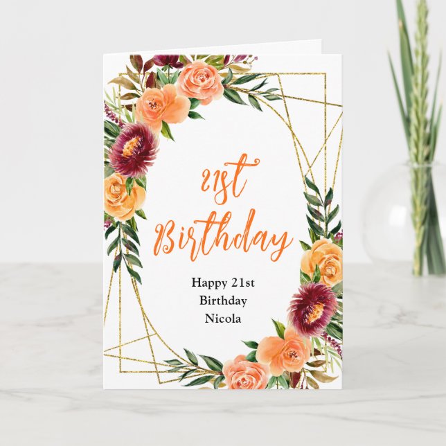 Autumn Burgundy and Orange Floral Birthday Card (Front)