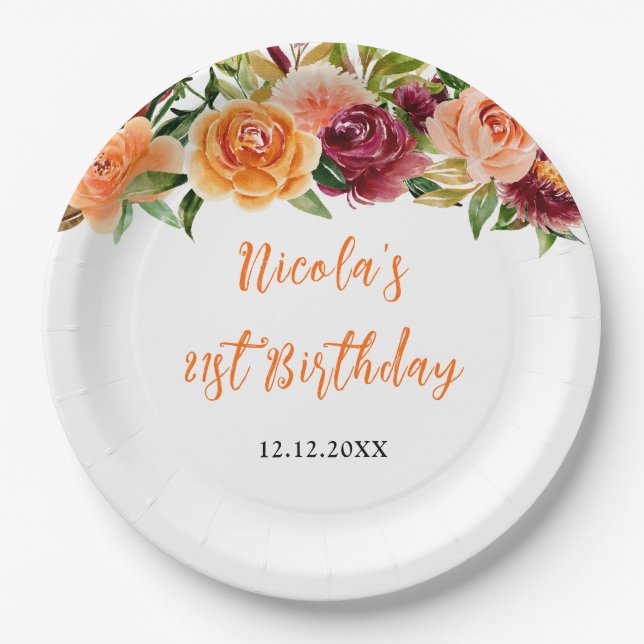 Autumn Burgundy and Orange Floral Birthday Paper Plate (Front)