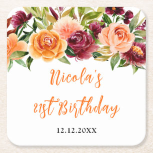 Autumn Burgundy and Orange Floral Birthday Square Paper Coaster