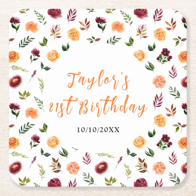Autumn Burgundy and Orange Floral Birthday Square Paper Coaster (Front)