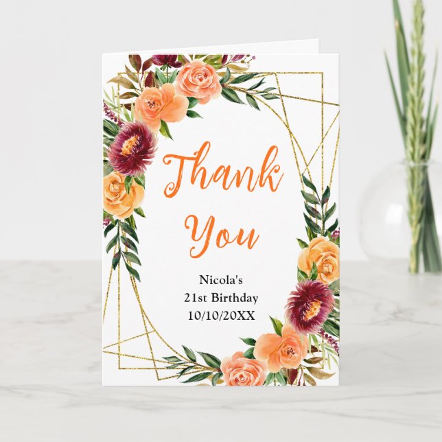 Autumn Burgundy and Orange Floral Birthday Thank You Card (Front)