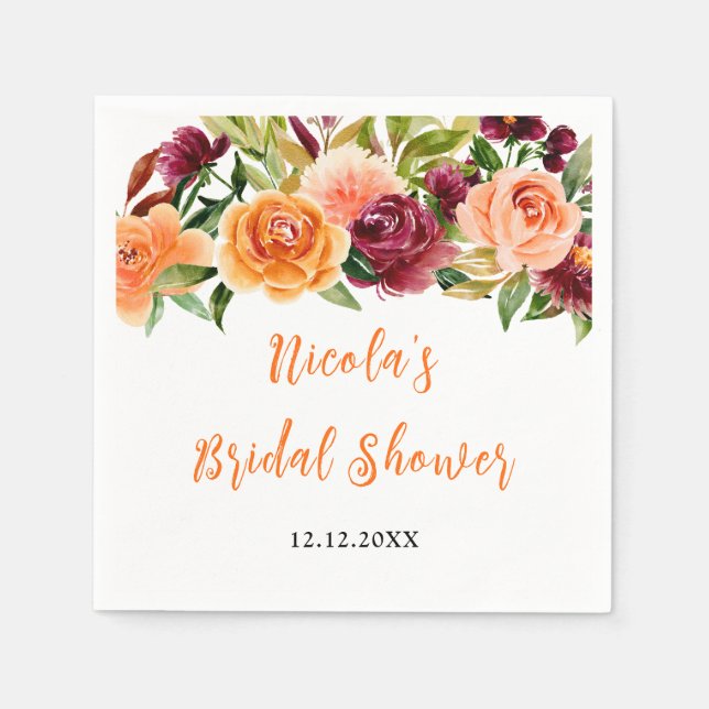 Autumn Burgundy and Orange Floral Bridal Shower Napkin (Front)