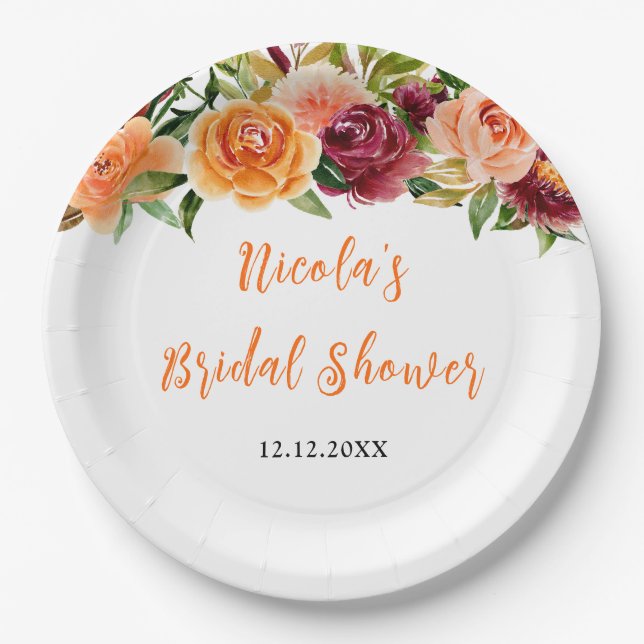 Autumn Burgundy and Orange Floral Bridal Shower Paper Plate (Front)