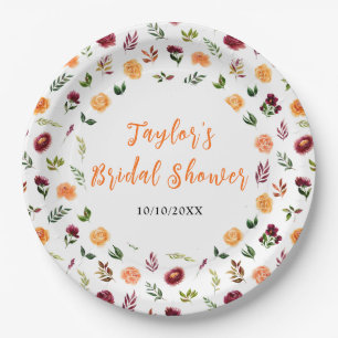 Autumn Burgundy and Orange Floral Bridal Shower Paper Plate