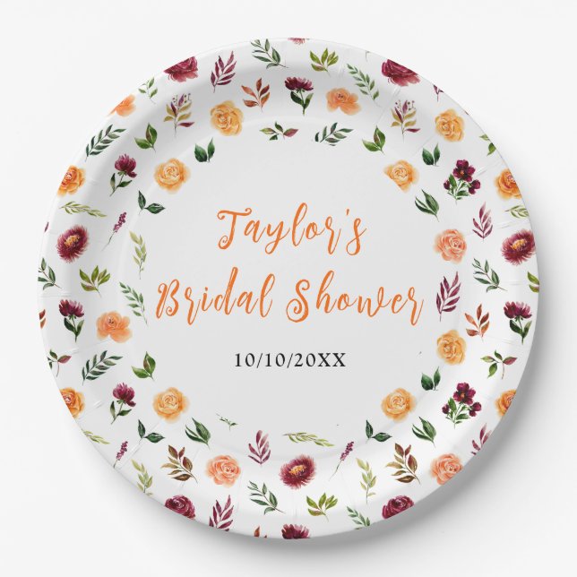 Autumn Burgundy and Orange Floral Bridal Shower Paper Plate (Front)