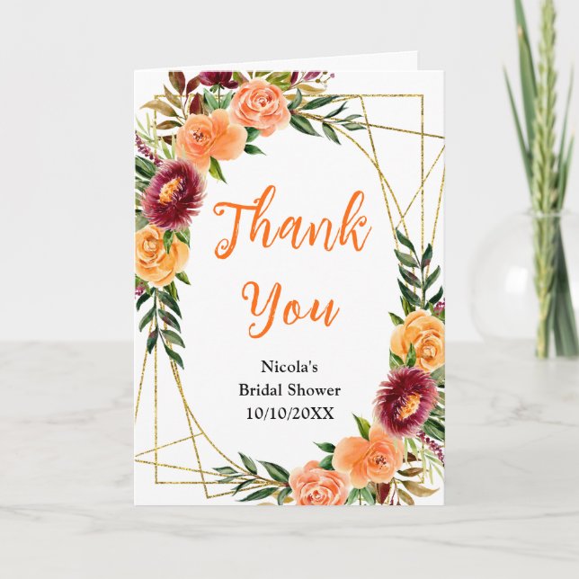 Autumn Burgundy and Orange Floral Bridal Shower Thank You Card (Front)
