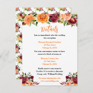 Autumn Burgundy and Orange Floral Wedding Details Enclosure Card
