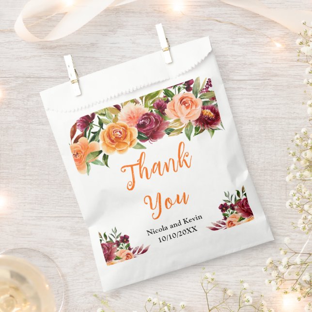 Autumn Burgundy and Orange Floral Wedding Favour Bags (Clipped)