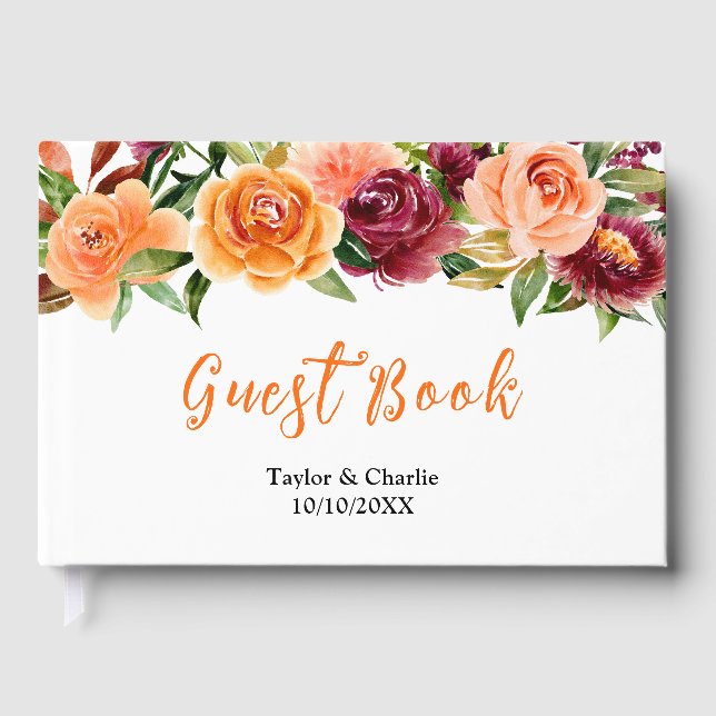 Autumn Burgundy and Orange Floral Wedding Guest Book (Front)