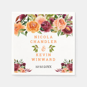 Autumn Burgundy and Orange Floral Wedding Napkin