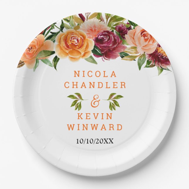 Autumn Burgundy and Orange Floral Wedding Paper Plate (Front)