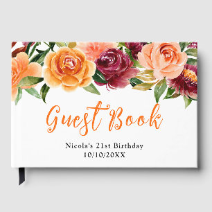 Autumn Burgundy and Orange Flowers Birthday  Guest Book