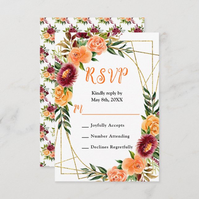 Autumn Burgundy and Orange Flowers RSVP Card (Front/Back)