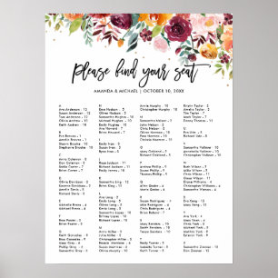 Autumn Burgundy Blush Alphabetical Seating Chart