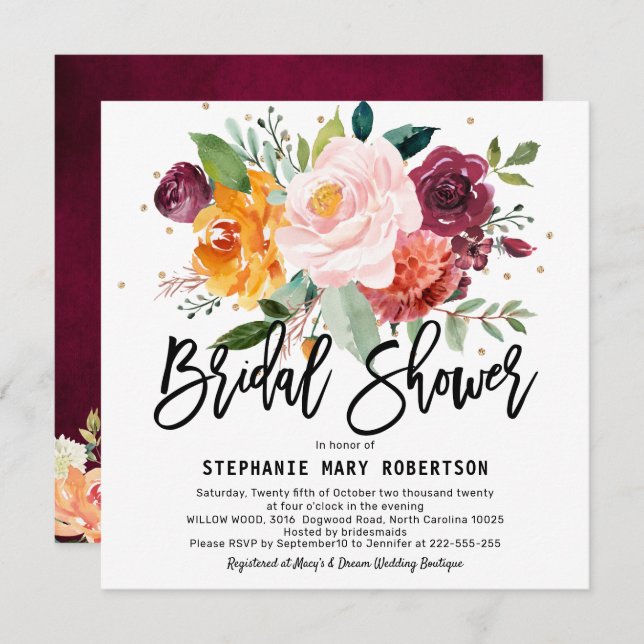 Autumn Burgundy Blush Floral Blossom Bridal Shower Invitation (Front/Back)